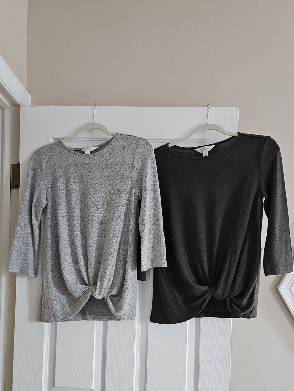 Market & Spruce Twist-Knot 3/4 Sleeve Tops - Light Gray & Olive Green
